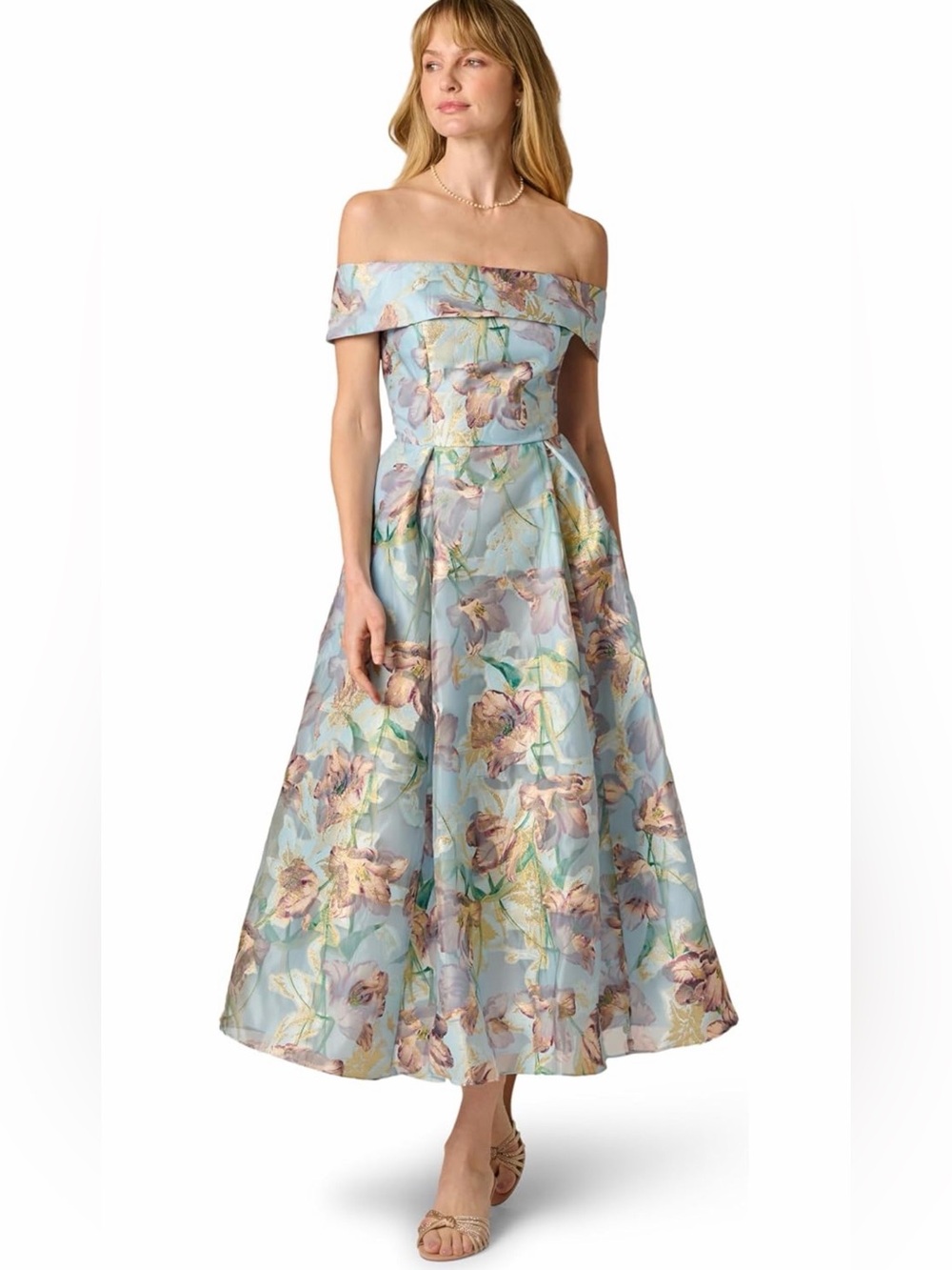 Adrianna Papell Off Shoulder Watercolor Floral Jacquard Ankle Dress Sz 14